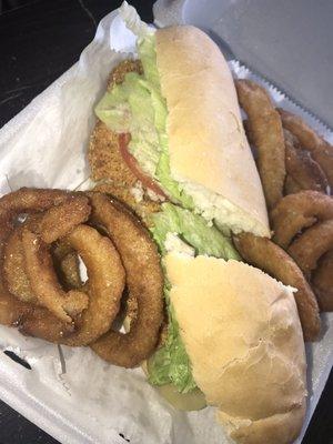 Fish Po Boy and onion rings