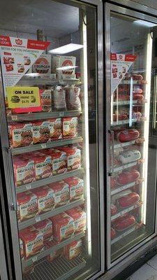 Frozen vegetarian meats (some of which are vegan).