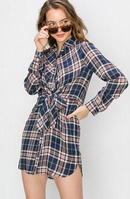 Plaid button up dress in a lightweight fabric. Looks great with leggings and boots, too!