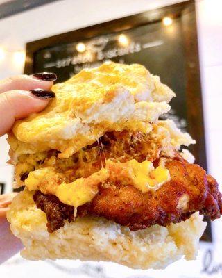 Fried chicken biscuit with pimento cheese, Sriracha Mayo and hot sauce