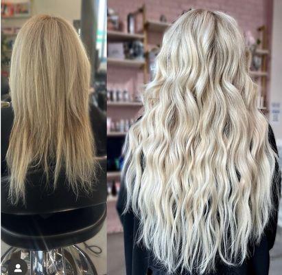 Before and after highlights and 22" weft extensions installed and styled.