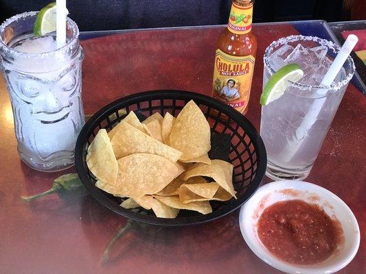 Chips and salsa with some Margs- quaint Mexican place with great staff and cool atmosphere - stop in next time you are in town