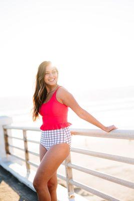 Bright Melon Criss Cross Back Tankini Top & White Checker Original Seamless Bottoms