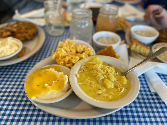 Chicken & Dumplings with Mac n Cheese and Mashed Potatoes & Gravy. So comforting and delicious!