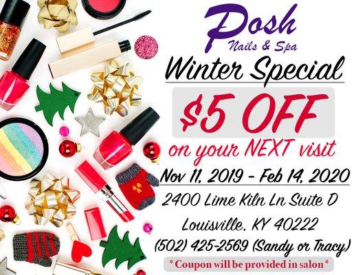 Come to our salon for any services and get your $5 Off coupon to use at your next visit! This Winter Special begins November 11th 2019!