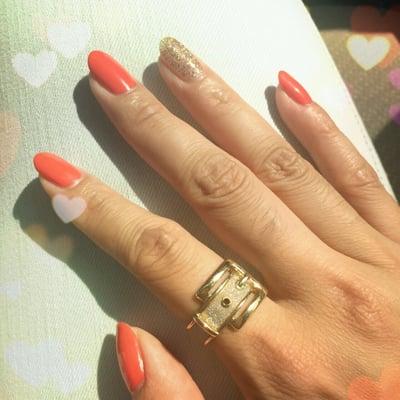 Gel nails, gold glitter and #111 orange. Simple and bold!