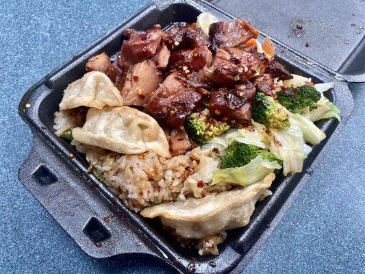 Spicy bourbon chicken with fried rice, steamed veggies, and dumplings