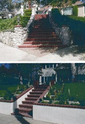 Brick steps and stone sidewalls