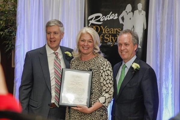 Owners Howard and Susan Vogt celebrating Rodes' 100th Anniversary with Mayor Fisher in 2014.