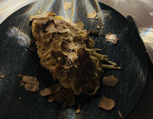 The ultimate gluten free spaghetti cacio e pepe under a mountain of freshly shaved Alba truffles!!