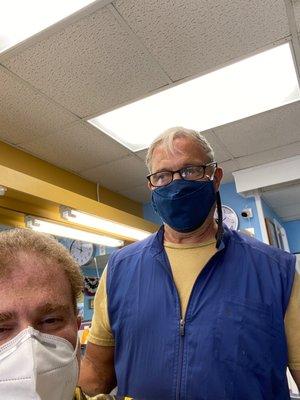 Mask on and hair is getting cut! Eyebrows too! Always a great cut with Greg!