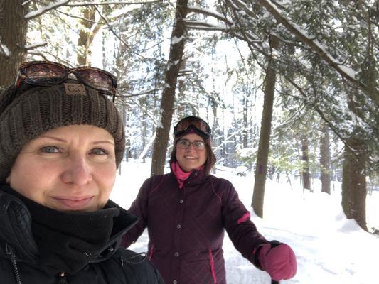 My friend Jackie lives in the area - Our first time snowshoeing! I rented "traditional" shoes for $5.