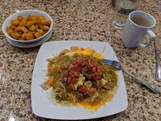 Huevos rancheros, potatoes, coffee.