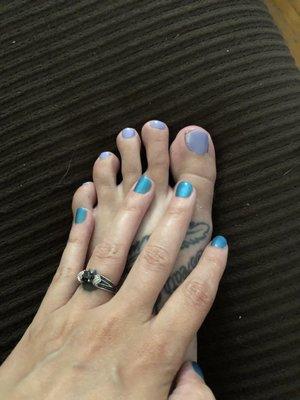 This is the results of my mani pedi. I even got to do a matte finish on my fingers which I was very happy about!