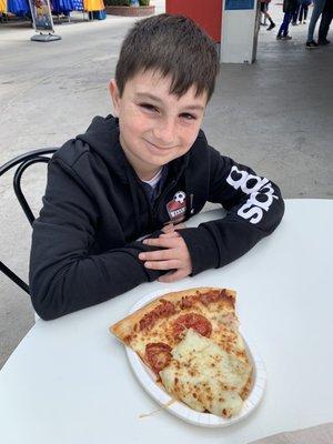 Pepperoni pizza combo, cones with cheese bread.