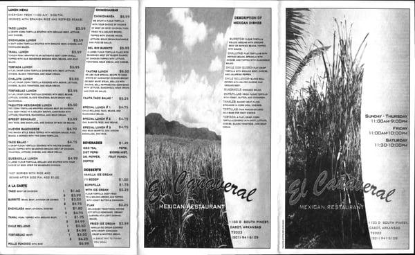 Outside cover and back page of current menu as of 7-29-13