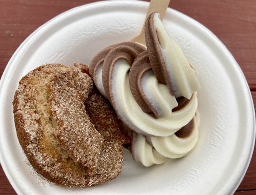 Dreamee: hot and fresh cider donut with a maple and chocolate swirl creemee