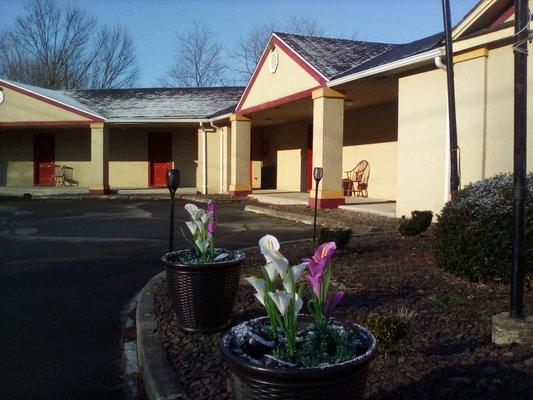 Front of motel in April