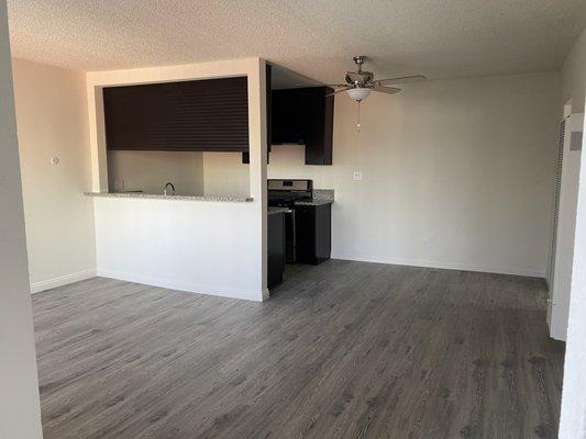 Open living room and dining room.