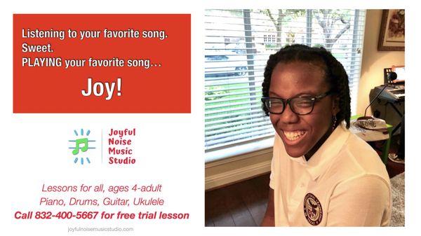 Listening to your favorite song. Sweet.
 PLAYING your favorite song...
 Joy! Get a free trial lesson at 832-400-5667.