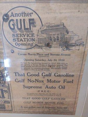 Grand opening ad for gas station in 1926.