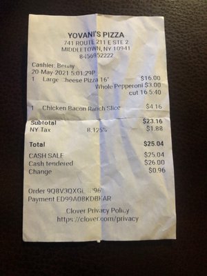 The receipt showing the ridiculous charge for slicing a pizza.