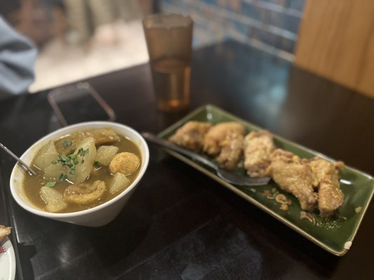 Fish Ball Pig Skin and Redish in Curry Sauce, Chicken Wings with Salted Egg Yolk