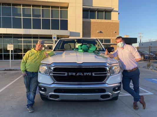 Trent Williamson is on the right, this is our new 2020 Dodge, we got a great interest rate and a great deal on this truck.