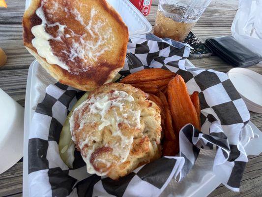 Crab cake sandwich with sweet potato fries