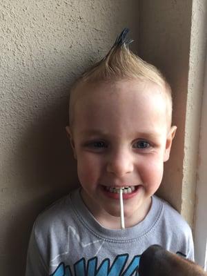 JJ's new Mohawk with blue tips. He told me "don't touch it, Mom, you'll mess it up!!"