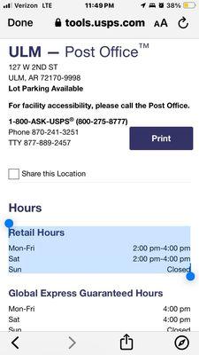 retail hours for Ulm post office