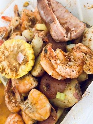 Low Country Boil: shrimp, sausage, corn, potatoes, boiled eggs.