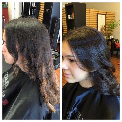 Before and after. Natural fall season ready hair. Changing her to a darker more natural shade made her hair more shiny and healthy.