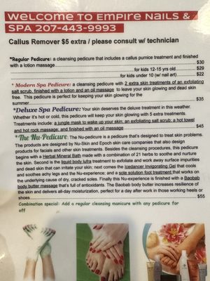 Pedicure price menu. Deluxe includes a hot stone massage! So relaxing. The $5 callus remover gets rid of all your dead skin.