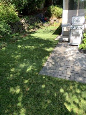 Patio surroundings with newly installed lawn.