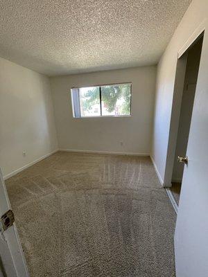 Bedroom number two fully clean from top to bottom carpet, clean but wet so it's dark after move out cleaning