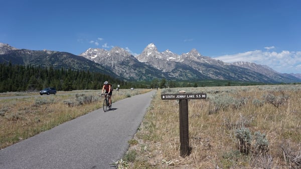 Paved bike path is separate from the highway and signs point to Jenny Lake