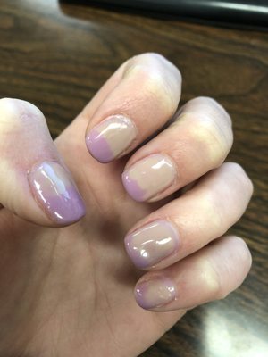 This is not how a purple gel manicure should look when I walk out. Horrible. How do you let a customer walk out like this.