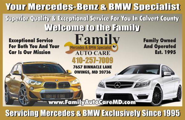 Welcome to the Family Auto Care family! Mercedes Benz and BMW mechanics in Southern MD