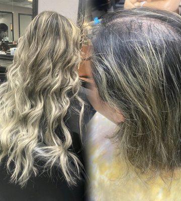 Before and after extensions on extremely fine hair