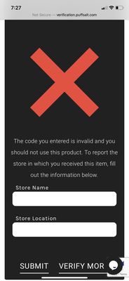 Screenshots from the Puff bar website after I entered the verification codes from the packages.