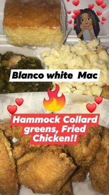 Fried chicken wings white cheddar mac honey cornbread ham hock collard greens