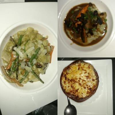 Gnocci w/mushroom sauce, beef bourguignon and french onion soup.