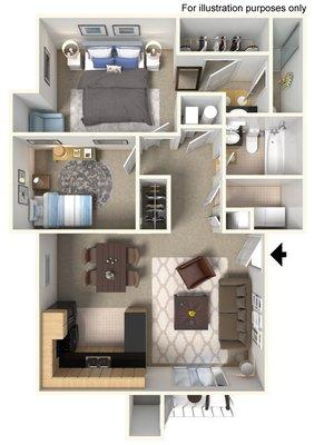 Artist depiction of 2 bedroom apartment