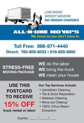 Specials On Moving Service.Visit us at www.alln1moving.com