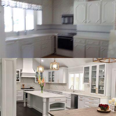 Before & After: Kitchen was tiny. Combined kitchen and dining for open space & flow.