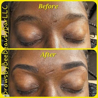 Before and After Photos of an Eyebrow Threading Client that I also applied Eyebrow Powder to for a fuller look.