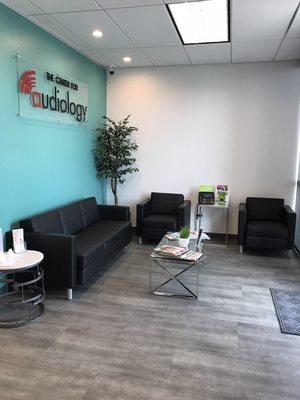 The Center for Audiology-Pearland's modern, clean, and bright waiting area.