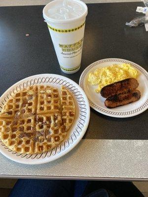 Pecan Waffle, scrambled eggs and chicken sausage