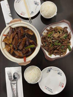 Eggplant with Garlic Sauce (L), beef with onion